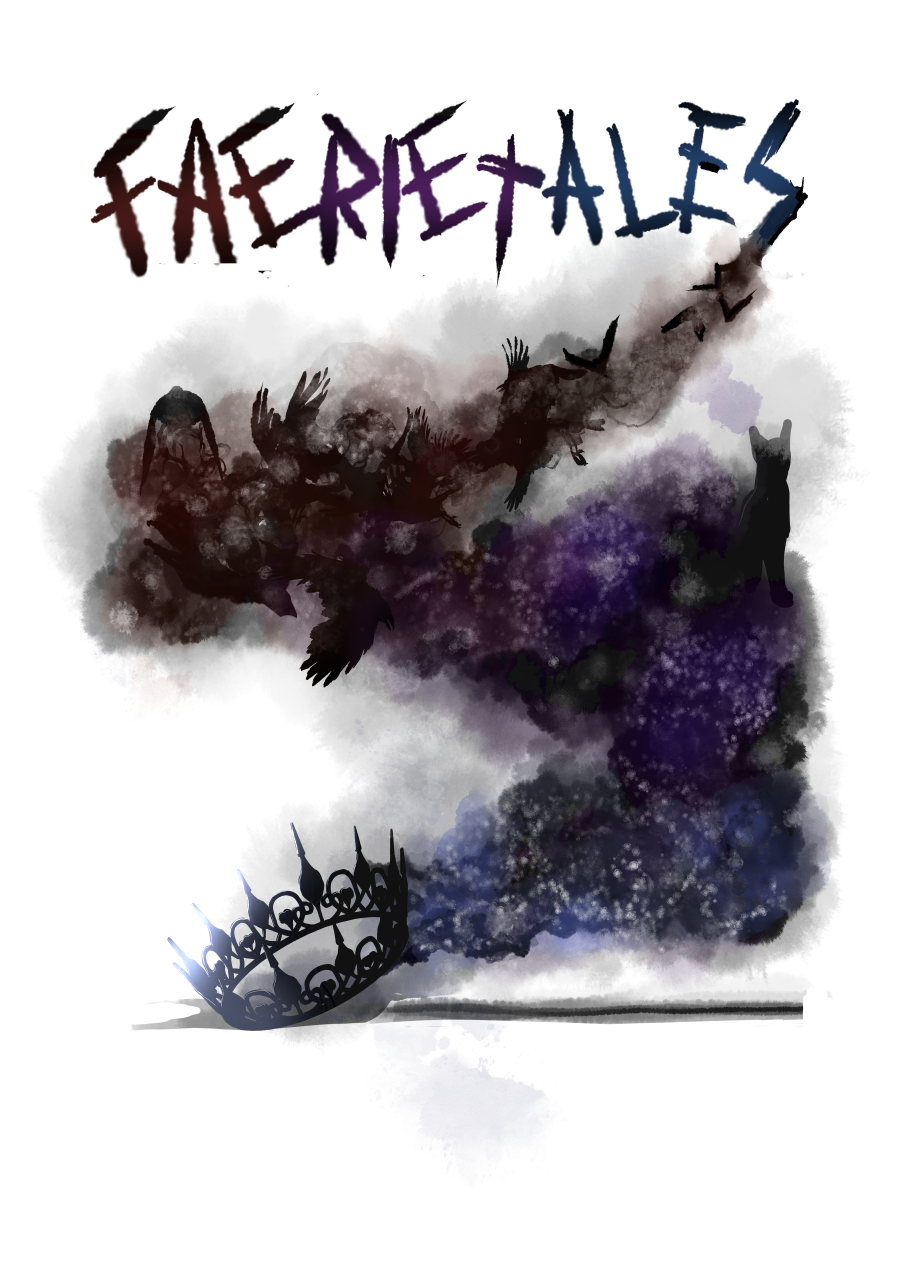 FaerieTales Cover. In this cover illustration from the fantasy webcomic *FaerieTales*, a table of decadent desserts surrounds a plate of cookies with blood red filling, with a sign encouraging the viewer to eat one as mist and shadows curl around the surface of the table.
